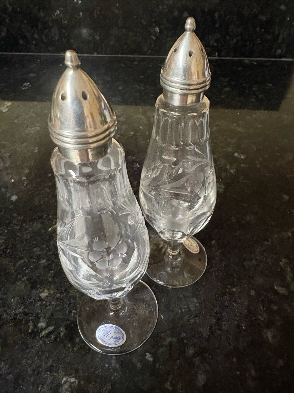 Rogaska Clear Etched Crystal Salt and Pepper Shakers with Silver Tone Tops